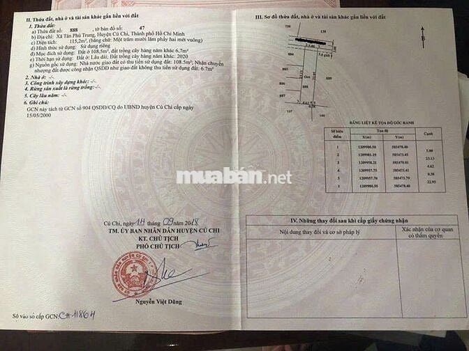 Bán lô đất Đ.Nguyễn Thị Lắng - Tân Phú Trung DT 115m2 giá 950tr, shr