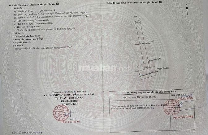 Bán gấp 877,9m2 đất ở MT Trần Văn Ngà, xã An Vĩnh Ngãi, TP.Tân An