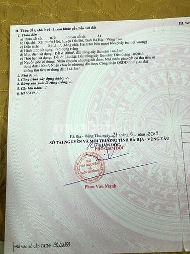 Chính chủ bán đất cách biển 5phút 244m² 100tc ngang 15m Xã Phước Hải