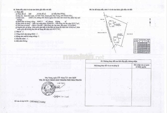 Bán đất 10487,7 m2 đất Xã Vĩnh Thái, TP. Nha Trang, có 1250 m2 đất ở