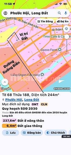 Chính chủ bán đất cách biển 5phút 244m² 100tc ngang 15m Xã Phước Hải