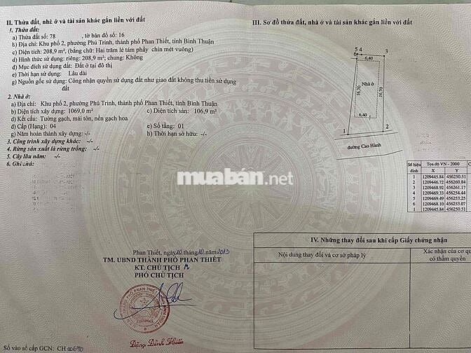 Bán nhà mặt tiền đường Cao Hành Phan Thiết