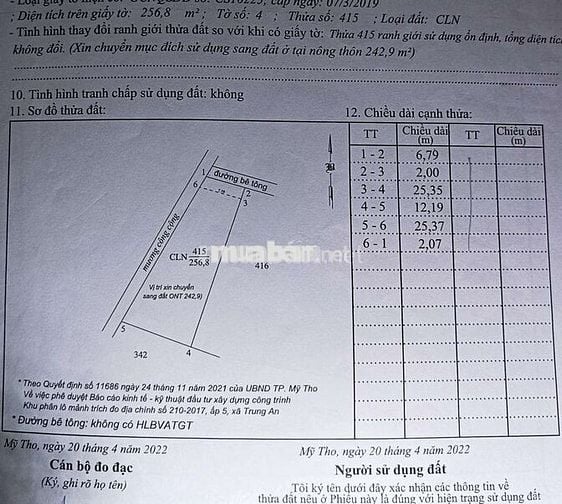 Bán đất nền thổ cư ấp 4 xã Trung An Thành phố Mỹ Tho