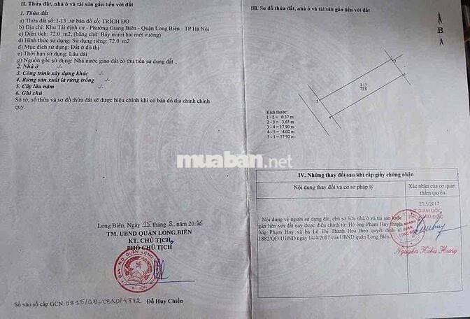 CHÍNH CHỦ BÁN ĐẤT TĐC GIANG BIÊN GIÁ 230 TR/m2. 72M2