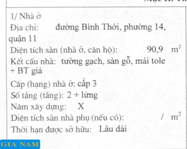 BÁN NHÀ MẶT TIỀN : 128 BÌNH THỚI - P. 14 - Q. 11 - TPHCM.