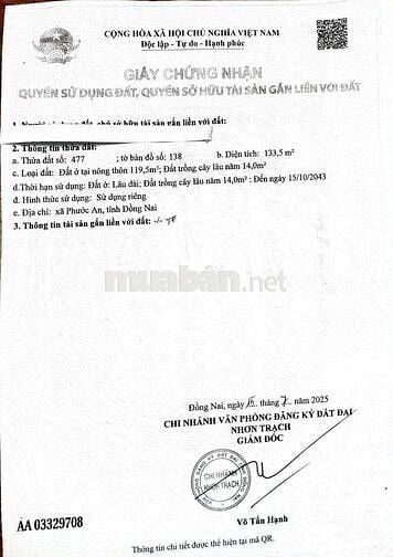 Chính chủ, đất ấp Hòa Bình, Hùng Vương,133,5m,thổ cư