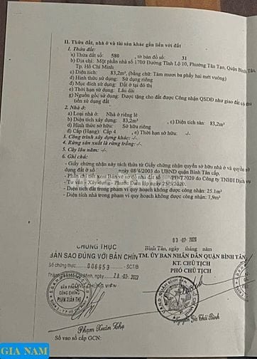 BÁN NHÀ MẶT TIỀN : 1700 TỈNH LỘ 10 - P. TÂN TẠO - Q. BÌNH TÂN - TPHCM