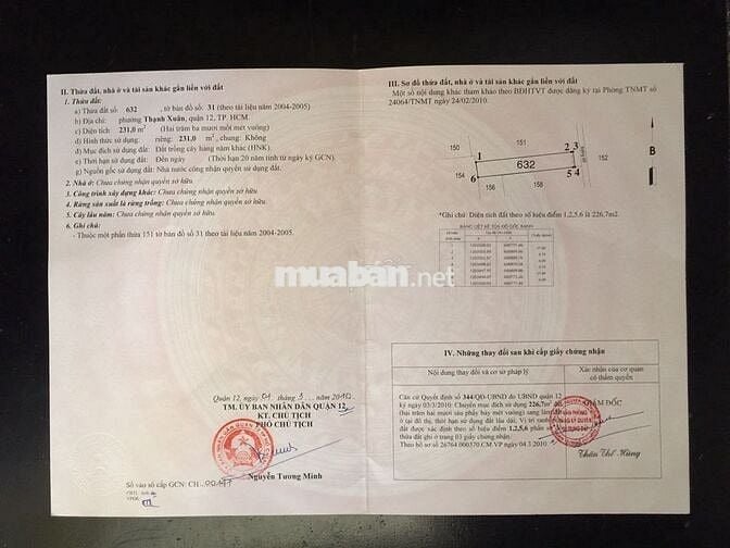 BÁN ĐẤT THỔ 1040M2,TX 25 QUẬN 12 ,36 TỶ