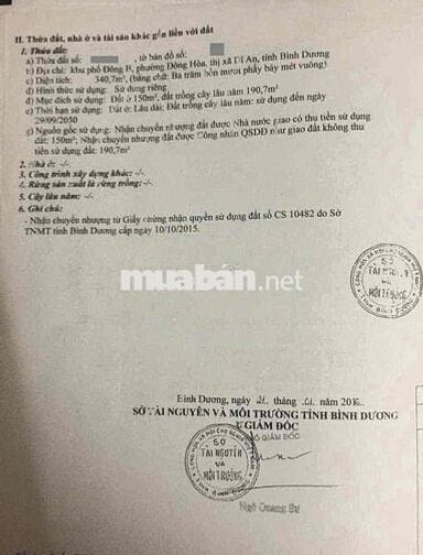 Đất 340m2 xây biệt thự gần đường hai ba trưng, Đông Hoà Dĩ An