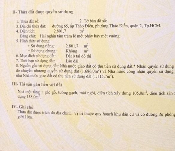 Bán lô đất Thảo Điền, mt Đường Số 65, 2800m2 đất, ngang 45m, sổ hồng