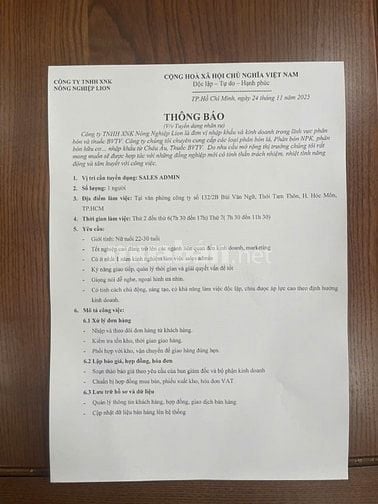 Tuyển nhân viên Sales Admin làm việc tại văn phòng