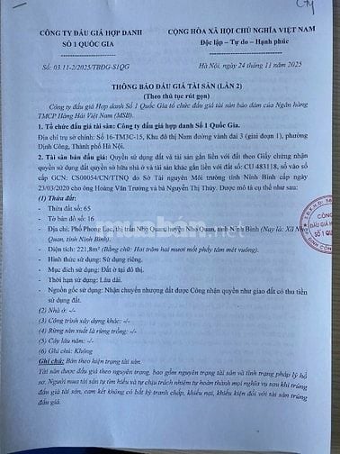 CÔNG TY ĐẤU GIÁ HỢP DANH SỐ 1 QUỐC GIA BÁN ĐẤU GÍA TS NHO QUAN - NB