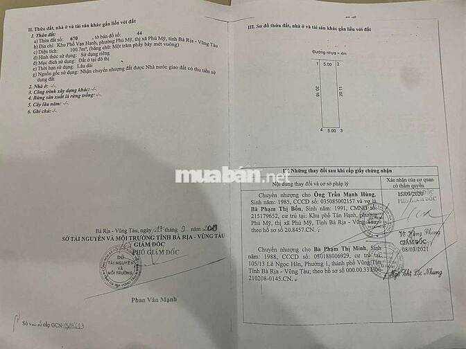 Bán đất mt đg trương định ngay trung tâm phú mỹ,dt:5x20 giá 3.3ty