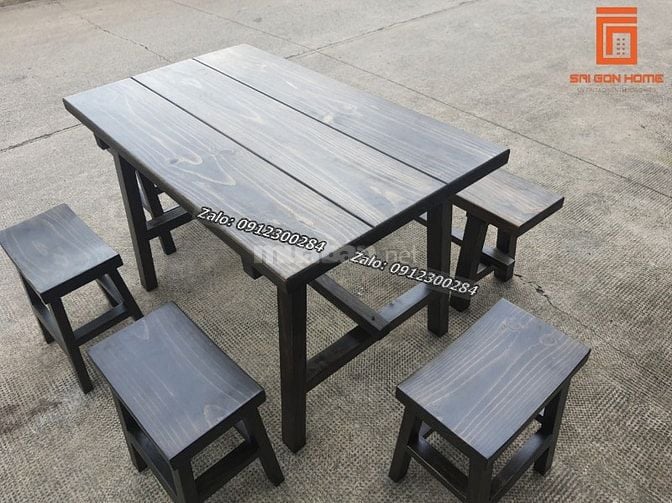 Bàn Ghế Gỗ Thông 1M2 x 70 x 75 + 4 Đôn (Hàng Mới- Giá Xưởng)