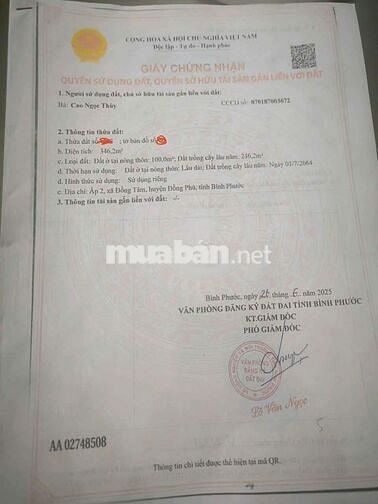 Bán gấp nền đất thổ cư  . Diện tích 346m2 .  Mặt tiền đường nhựa