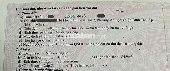 NHÀ 4X12M - HẺM 4M - HỒ HỌC LÃM - SỔ RIÊNG - 3 TỶ 7 TL