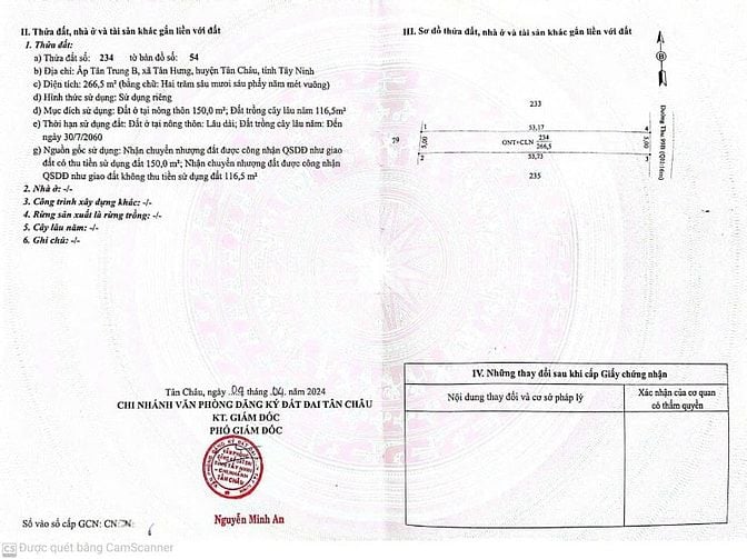 Tôi đi định cư Mỹ, bán nhanh lô đất thổ cư 266m2 Tân Châu, Tây Ninh