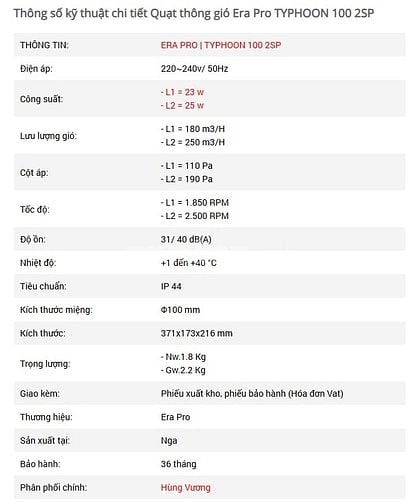 Quạt thông gió nối ống Era Pro TYPHOON 100 2SP – Hút/Đẩy mạnh, CO-CQ đ