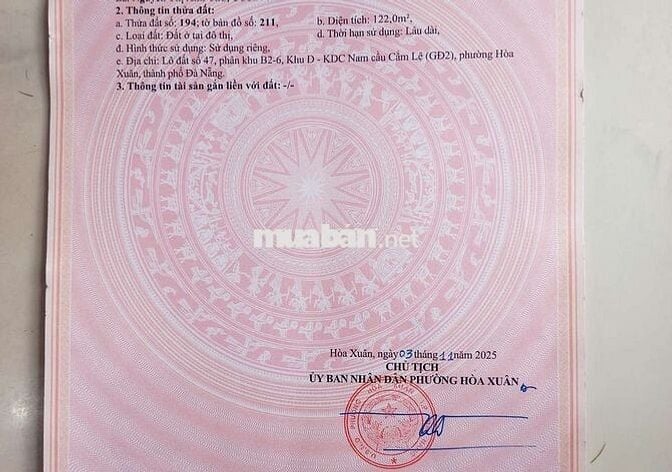 Đất sổ đỏ dtich 122m² sát chợ Miếu Bông Hòa Xuân