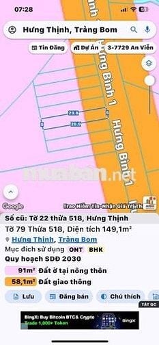 Đất nền sổ riêng thổ cư Hưng Thịnh 1t050 dt 149m2 kinh doanh buôn bán