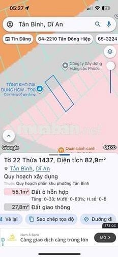 LÔ ĐẤT SỔ HỒNG RIÊNG DT 82,9m2 đường nhựa thông xe tải P. TĐH TPHCM