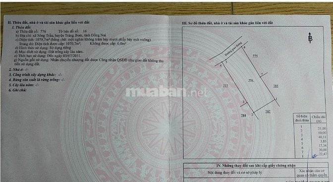 Chính chủ bán đất Sông Trầu - Trảng Bom QH đất ở giá 1,85 triệu/m²