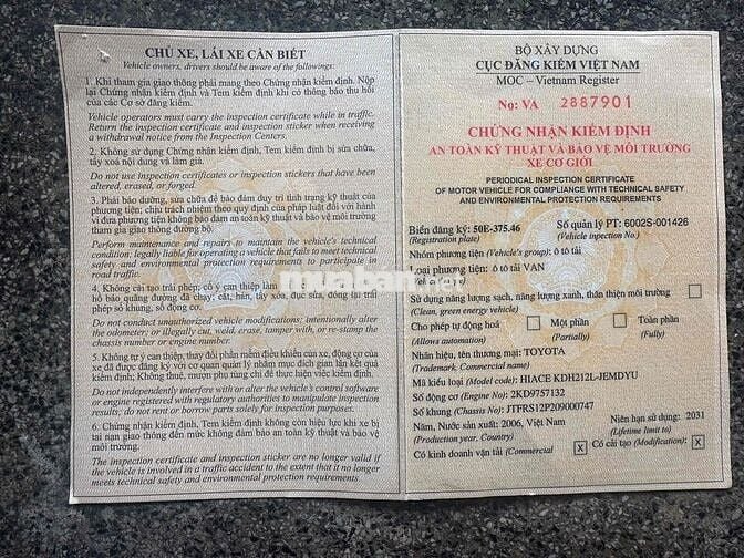 Toyota Hiace tải van 3 chỗ /930kg đời 2006 máy dâu