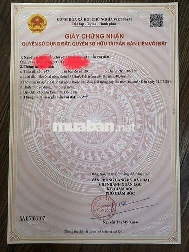 Cần Tiền nên Bán Lô Thổ Cư 186m2 đường nhựa Lớn cho ai muốn An Cư