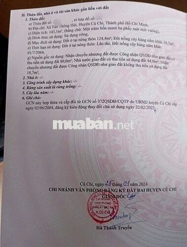 Bán đất 140m2 giá 1ty4 đường Suối Lội xã Tân Thông Hội, Củ Chi- sổ hồn