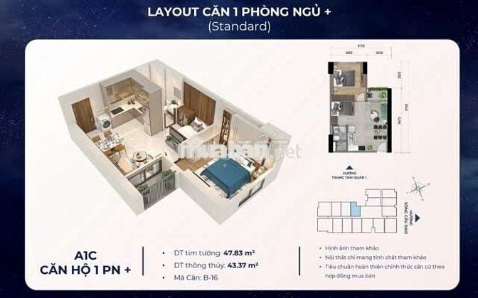 Bán Gấp Căn 1PN+ DT 46m2 tại Khải Hoàn Prime Giá *** Hiện Tại