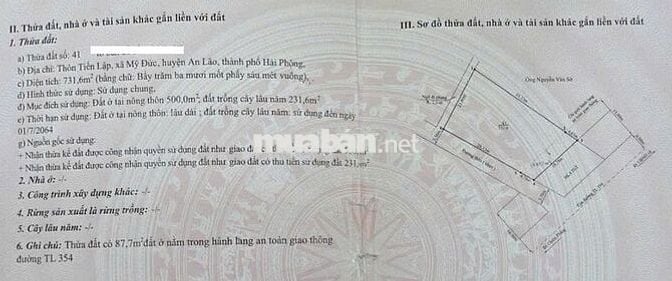 Bán đất ở diện tích 721m2 mặt đường 354 mỹ đức an lão, mặt tiền 21m
