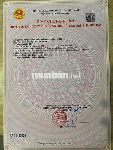 Đất Phước Vĩnh An củ chi đã có sổ riêng thổ cư hết đất