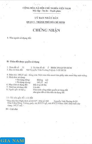 BÁN NHÀ MẶT TIỀN : 560 NGUYỄN TRÃI - P. 8 - Q. 5 - TPHCM