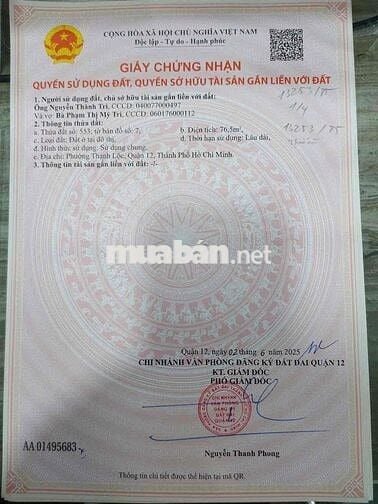 ĐẤT 1/ sẹc ngắn 300m Hà Huy Giáp 4.5x17 full thổ 76.5 cc ngay