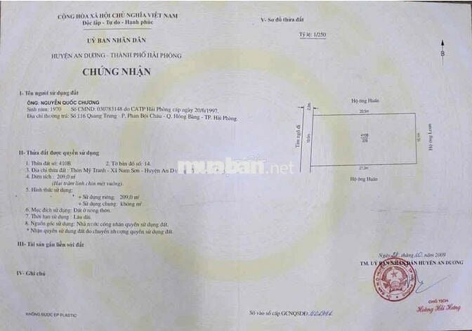 Đất 209m2 ngang 10 phân 4 lô Mỹ Tranh, Nam Sơn 3,2 tỷ