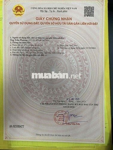 cần bán đất 1842m2 ở xã Lạc Tấn , Tân Trụ , Long An