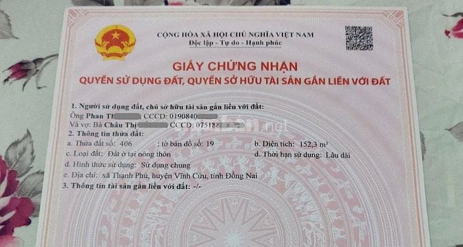 Đất thổ cư 8x19m - sổ riêng - Khu dân cư Thạnh Phú, Vĩnh Cửu, Đồng Nai