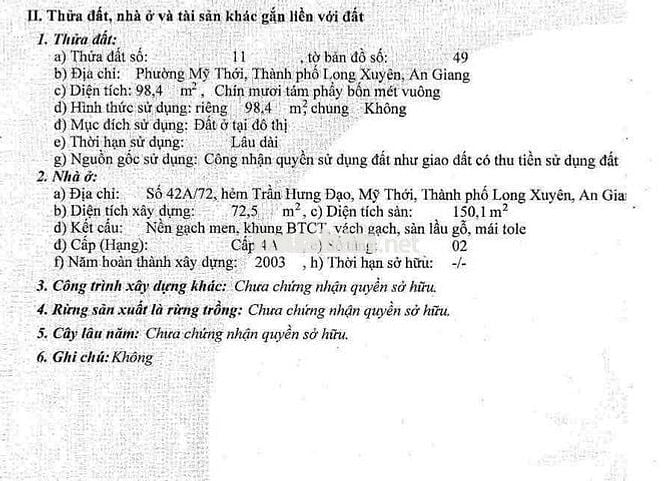Thanh lý nhà tại hẻm Trần Hưng Đạo, Mỹ Thới, Long Xuyên, An Giang