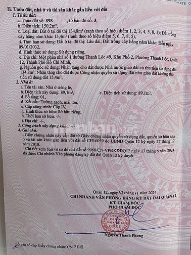 Bán nhà Cấp 4, mặt tiền rộng 7,5m đường Thạnh Lộc 49 