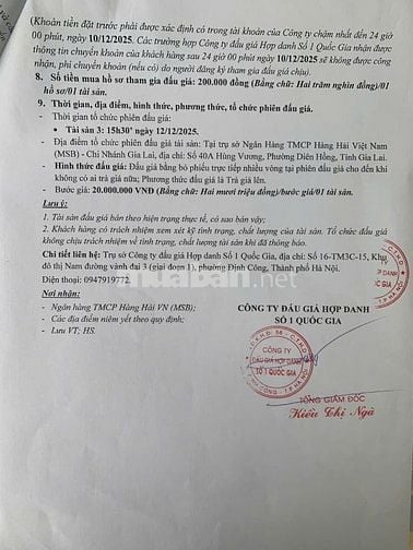 CÔNG TY ĐẤU GIÁ HỢP DANH SỐ 1 QUỐC GIA THÔNG BÁO BÁN ĐẤU GIÁ TÀI SẢN