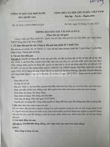 CÔNG TY ĐẤU GIÁ HỢP DANH SỐ 1 QUỐC GIA THÔNG BÁO BÁN ĐẤU GIÁ TÀI SẢN
