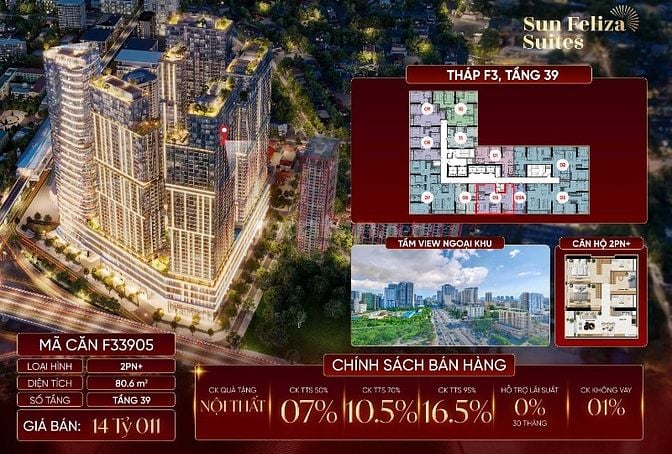 Căn hộ 2PN+ Sun Feliza Suites tầng cao view Penhouse duplex giá tốt!!!