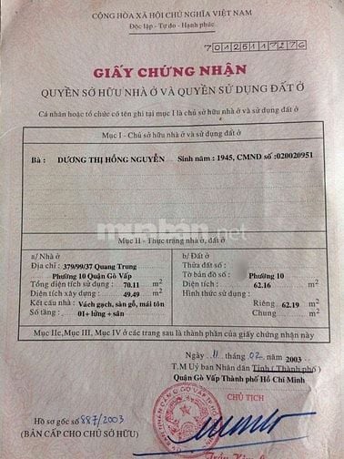 Bán nhà rẻ (6x12) 385/ Quang Trung p10 Gò Vấp (ngay VIMCOM)