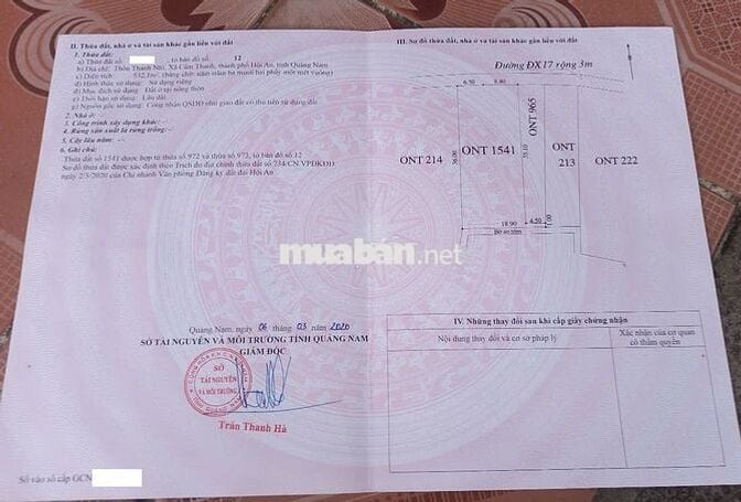 Chính chủ bán đất Cẩm thanh, Hội an, diện tích 532 m2, full thổ cư