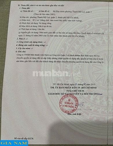 BÁN ĐẤT MẶT TIỀN : 35 PHẠM HY LƯỢNG - P. THẠNH MỸ LỢI - Q. 2 - TPHCM