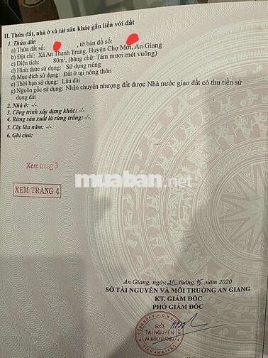 Chính chủ đất thổ cư đẹp vuông vứt Chợ Mới,Tân Châu,