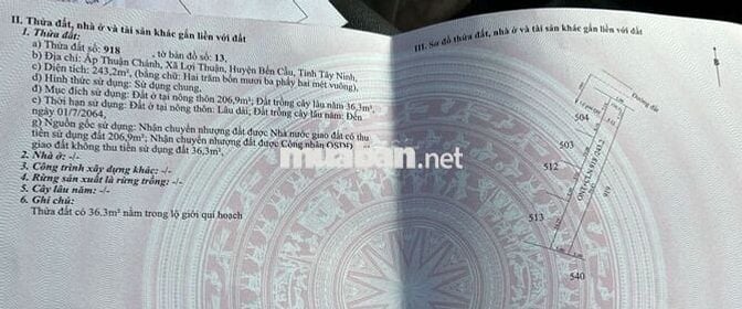 Chính chủ bán đất thổ cư 100% dt  5x40 ngã 5 Bến Cầu