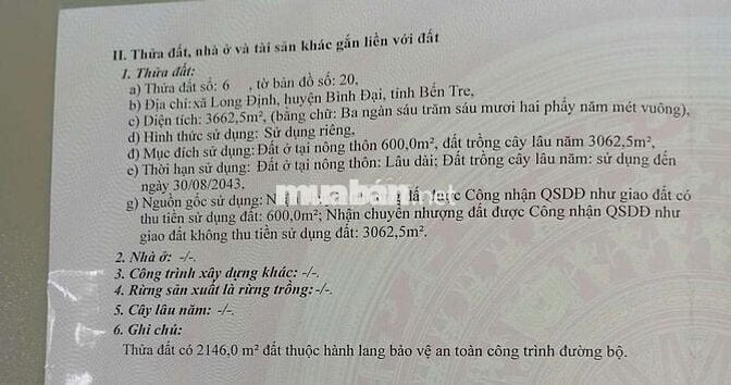 Đất vườn dừa tổng 3662m2, có 600m2 thổ cư,mặt tiền đường lộ đan