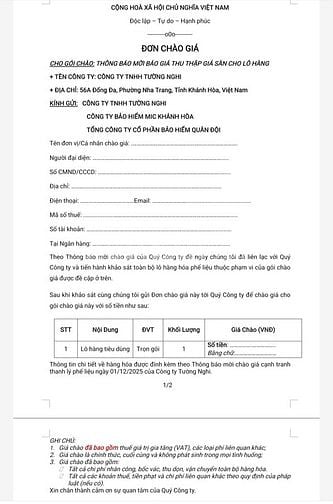 THÔNG BÁO MỜI BÁO GIÁ THU THẬP GIÁ SÀN CHO LÔ HÀNG