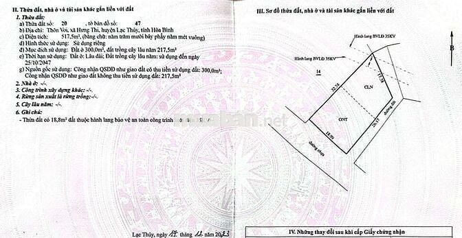 Cần bán đất diện tích 517,5m có 300m thổ cư. Sổ đỏ chính chủ